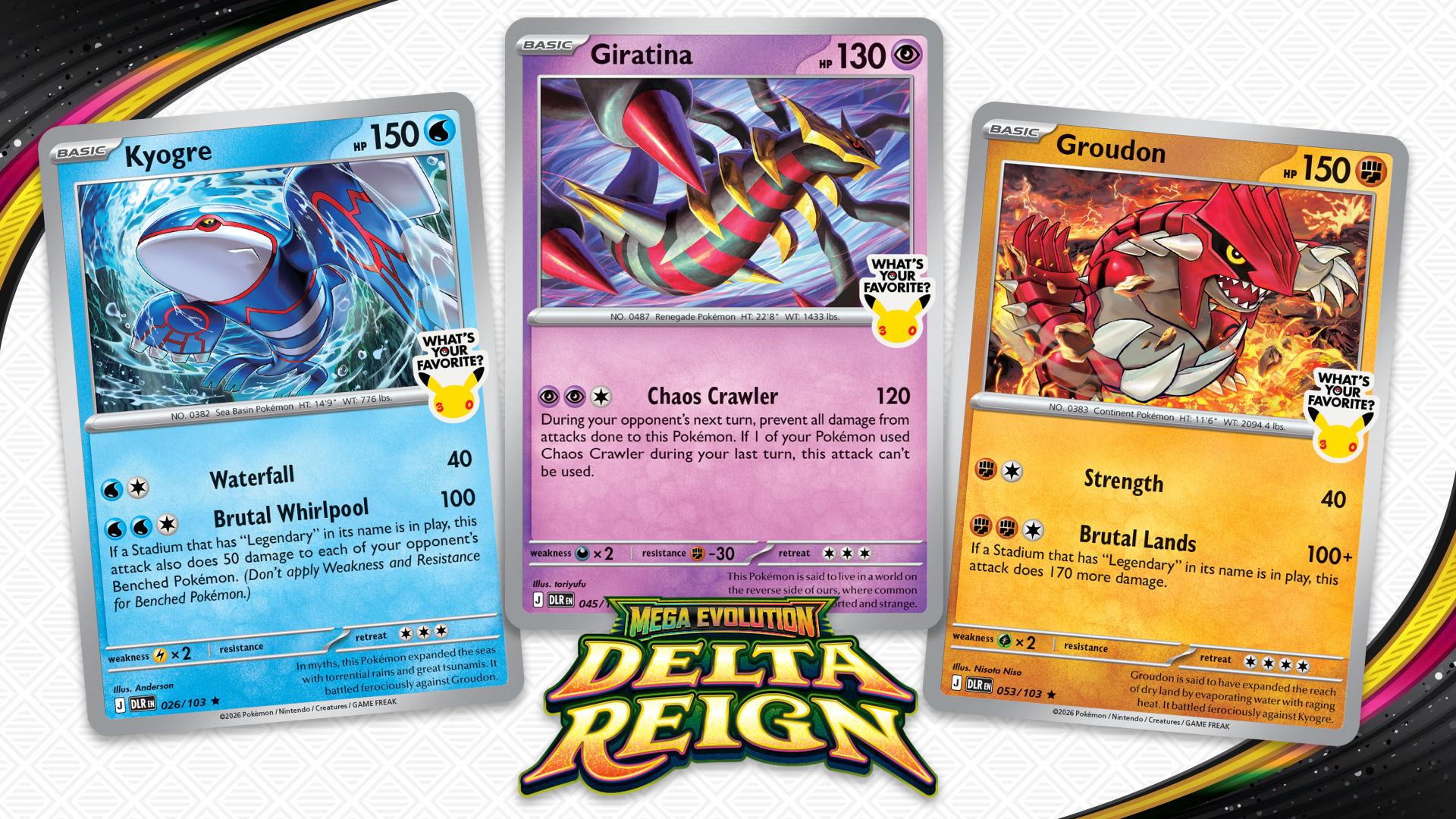 Three Delta Reign retailer promo cards: Kyogre, Groudon and Giratina